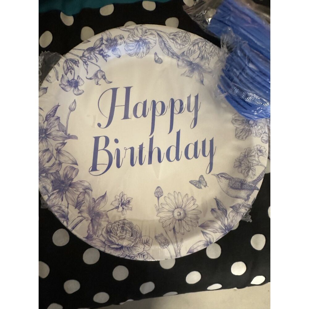 96Pcs Blue Floral Happy Birthday Party Pack Plates Napkins Cutlery Serves 24